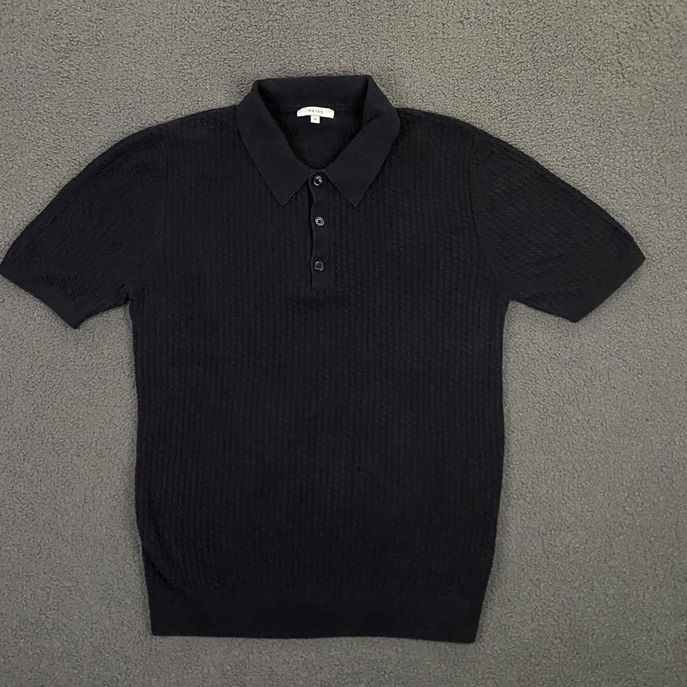 Reiss Polo Shirt Mens XL Navy Textured Knit Short Sleeve Sweater Top Collared